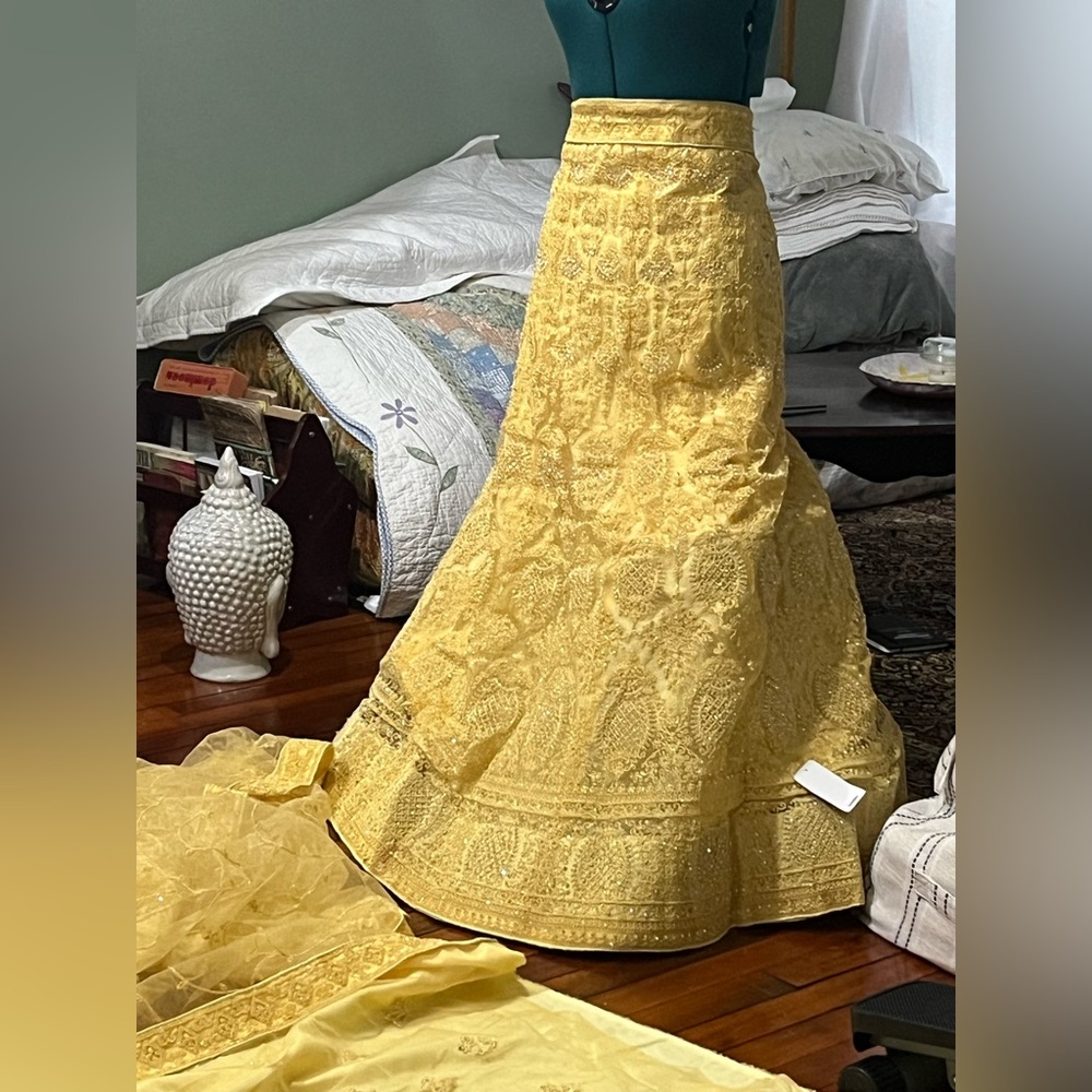 Elegant Yellow Embroidered Unstitched Lehenga